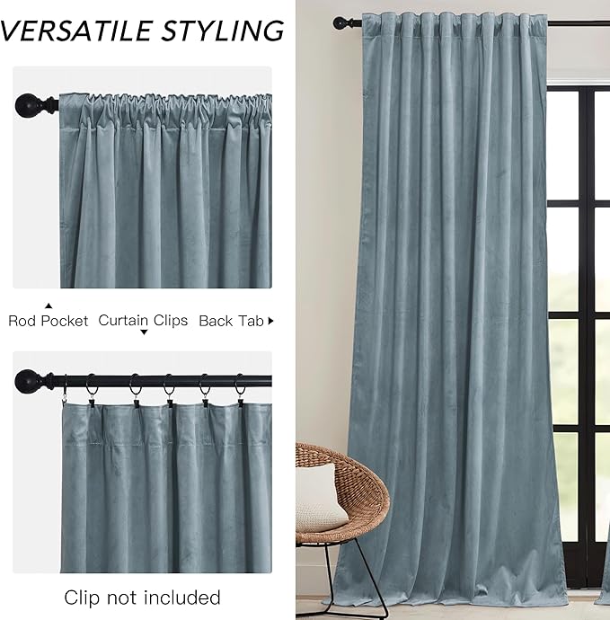 RYB HOME Stone Blue Velvet Curtains 72 inches with Hook Belt, Soft Fabric Room Darkening Thermal Insulated Luxurious Home Decor Curtains for Living Room Bedroom, W 52" x L 72", 2 Panels Set