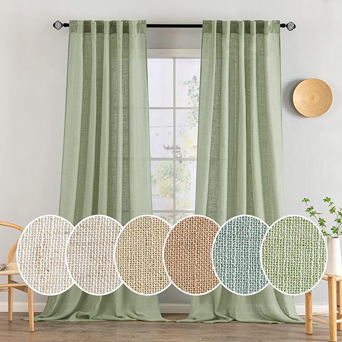 MIULEE Sage Green Linen Curtains 108 Inches Long for Bedroom Living Room, Soft Thick Linen Textured Window Drapes Semi Sheer Light Filtering Back Tab Rod Pocket Burlap Look, 2 Panels