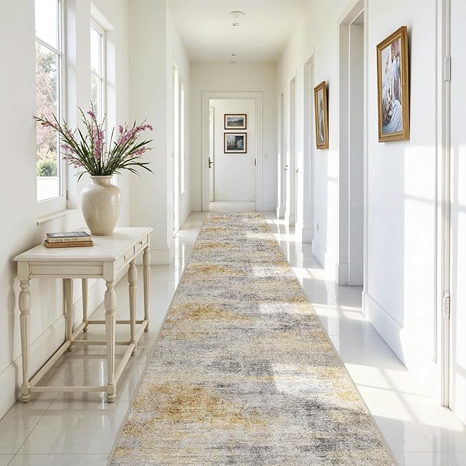 3x20 Washable Kitchen Runner Rug: Modern Abstract Runners for Hallway Soft Non Slip Rugs with Rubber Backing Low Pile Thin Floor Carpet for Entryway Bedroom Bathroom Bedside Indoor(Grey/Yellow,3x20)