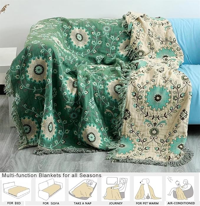 MSGKV Boho Throw Blanket for Couch Bed 60''x80'', 100% Cotton Blankets Woven Green Blanket Spring Reversible Spring Breathable Lightweight Decorative Throws