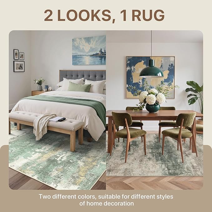 BEIMO Reversible 6x9 Area Rugs for Living Room, Modern Abstract Dual-Sided Carpet, Machine Washable Soft Low Pile Rug for Bedroom Dining Room, Includes Non-Slip Rug Pad, Green & Grey