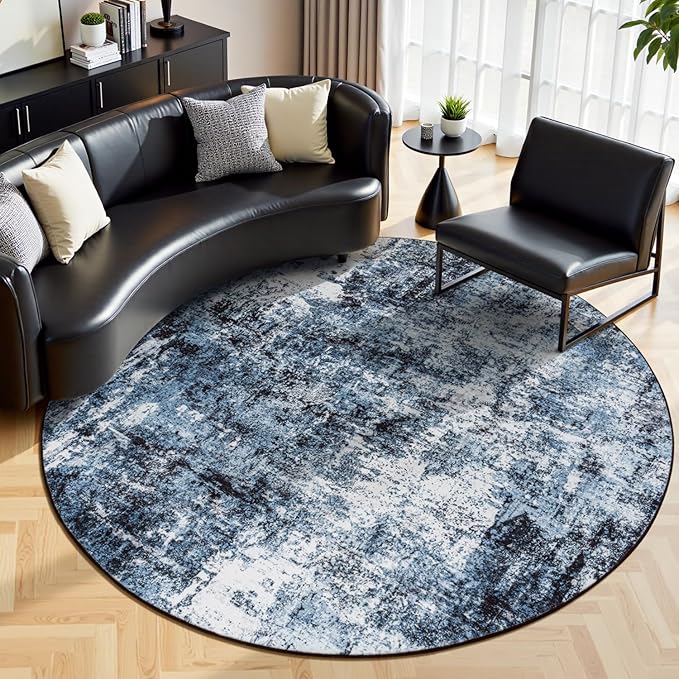 Rugflix Round Area Rugs 6Ft for Living Room, 6x6 Washable Rug Stain-Resistant Low Pile, Modern Dark Carpet for Dining Room Home Office Kid Room Nursery Bedroom, Navy Blue/Black