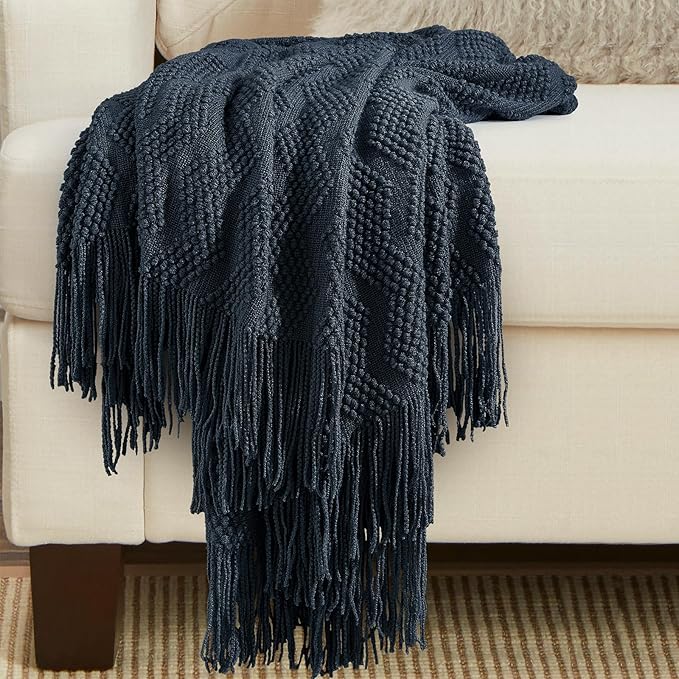BOURINA Navy Throw Blanket 50x60 Inches Throw Textured Solid Soft Ripple Throws and Blankets for Sofa or Bed Knitted Decorative Blanket