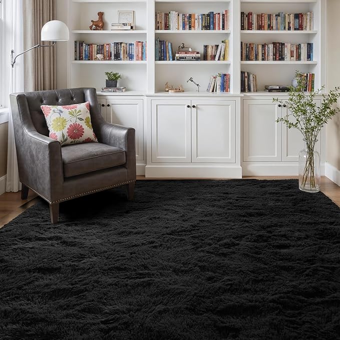 5x7 Ft Shag Black Rug for Bedroom, Tie Dyed Ultra Soft Fluffy Furry Area Rugs for Living Room Indoor Floor, Aesthetic Carpet for Kids Home Decor