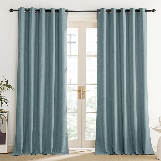 NICETOWN 100% Absolutely Blackout Linen Curtains with Thermal Insulated Liner, Skylark Blue, 62" Wide, 102" Length Energy Saving Curtains for Living Room 2 Panels Set, Vertical Blinds