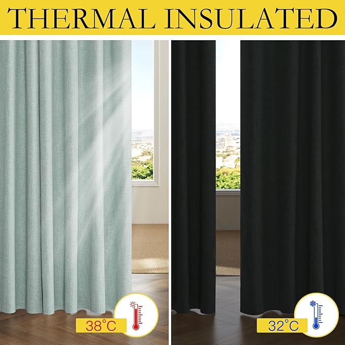 NICETOWN 100% Absolutely Blackout Linen Curtains with Thermal Insulated Grey Liner, Seafoam Green, 52 inches Wide, 48 inches Length Energy Saving Curtains for Laundry 2 Panels Set, Vertical Blinds