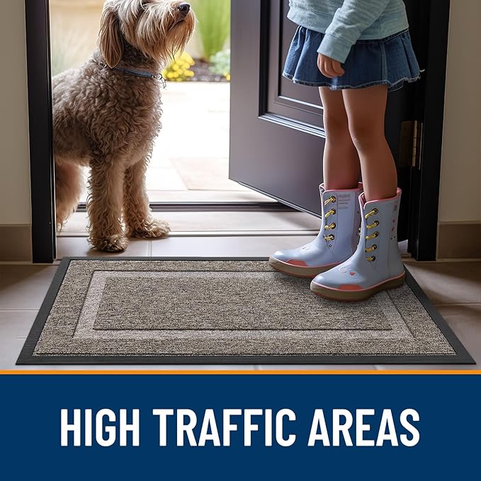 OLANLY Front Door Mat Indoor Outdoor Entrance, Waterproof All-Season, All-Weather Doormat, Sturdy Natural Rubber, Low Profile, Easy Clean Patio Porch Entryway Mat, 47x23, Khaki and White