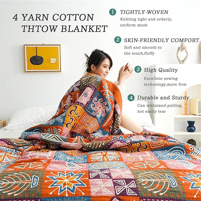 MSGKV Boho Throw Blanket 90''x98'' 100% Cotton Spring Blanket for Couch Bed, Muslin Bed Quilts Home Decor Gift for All Seasons