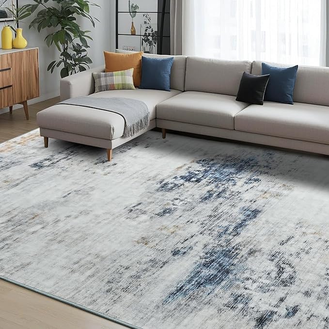 Toneed Abstract Area Rug Modern Washable Rug Soft Non Slip Rug Low Pile for Bedroom Living Room Dining Room Blue/White 3x5 Feet