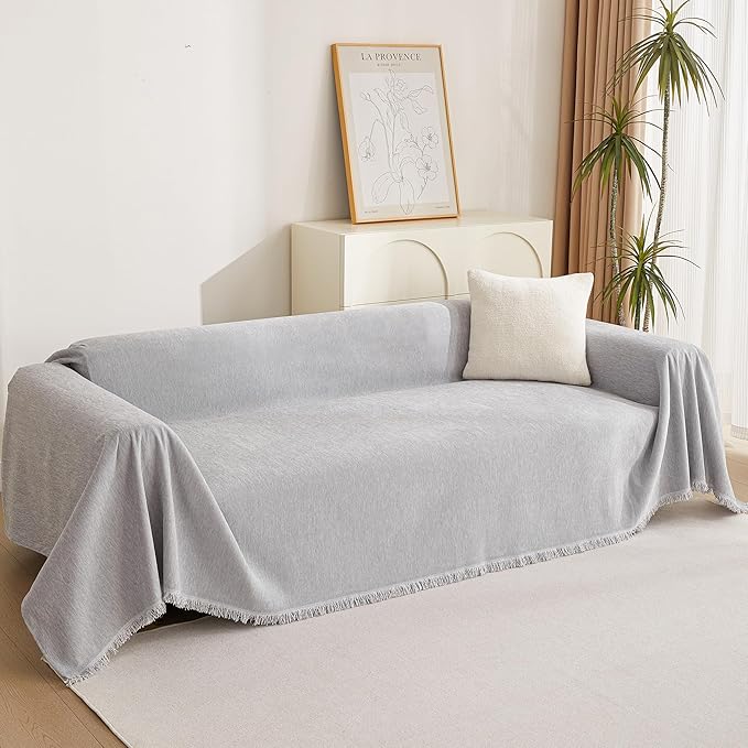 MYSKY HOME Couch Cover for Pets Light Grey Couch Covers for 2 Cushion Couch Sofa Simple Tassel Sofa Covers for Loveseat L Shaped Chenille Couch Cushion Covers for Dogs Kids Easy Install,91" X118"