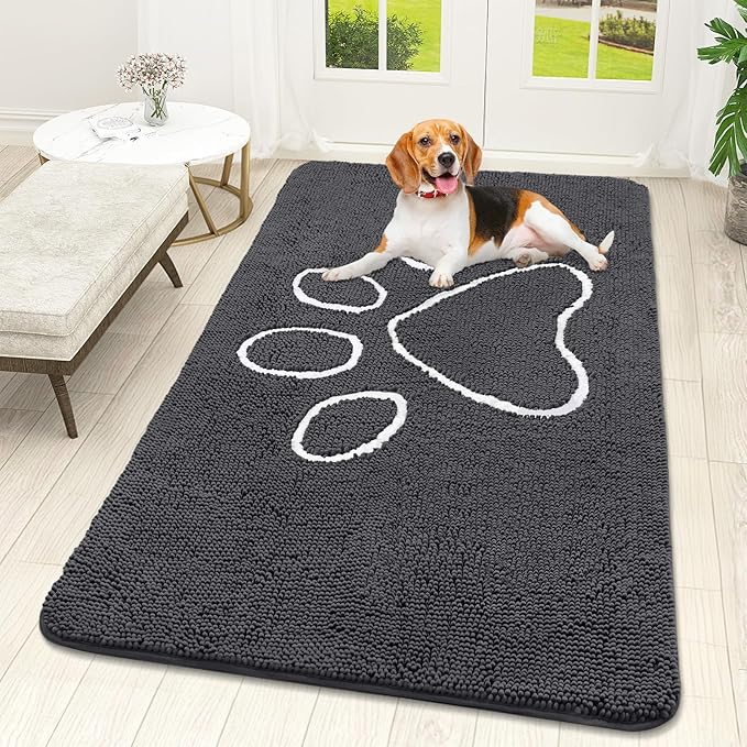 OLANLY Dog Door Mat for Muddy Paws 59x32, Paw Print Design, Absorbs Moisture and Dirt, Absorbent Non-Slip Washable Doormat, Quick Dry Chenille Mud Mat for Dogs, Entry Indoor Entryway Carpet, Dark Grey