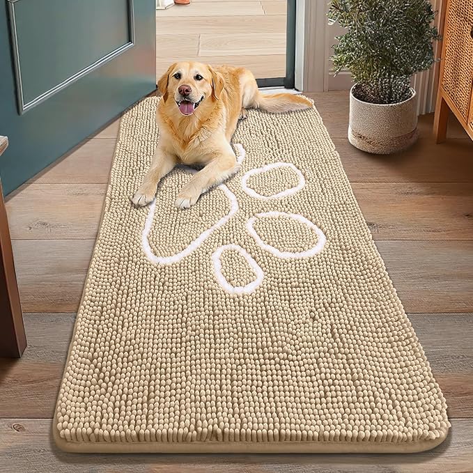 Smiry Dog Door Mat for Muddy Paws, Absorbent Dirt Trapper Non Slip Quick Dry Washable Chenille Mat for Mud Dogs, Entry Rug for Indoor and Outdoor (48x30 Inches, Beige and White)