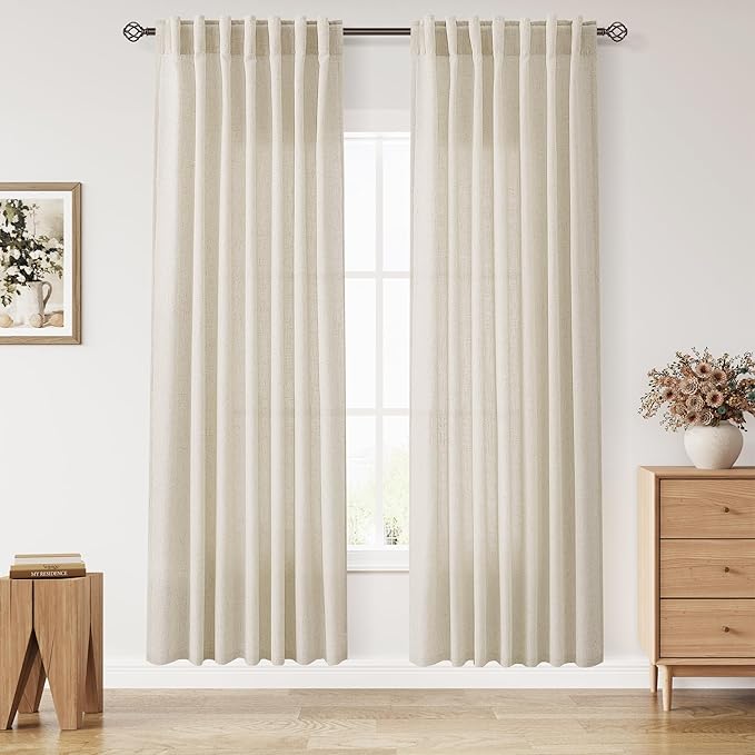 Birch Beige Linen Curtains 80 Inch Length for Living Room Light Filtering Semi Sheer Curtain Back Tab Modern Farmhouse Decor Elegant Luxury Coastal Drapes for Bedroom Dinner Room 52x80, 2 Panels