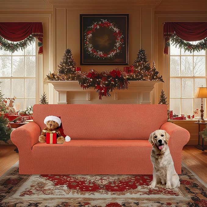 KEKUOU Stretch Oversized Sofa Slipcover 1 Piece Couch Sofa Cover (94"-110") Furniture Protector 4 Seater Sofa with Elastic Bottom for Kids,Pet.Jacquard Checked Pattern Fabric(X Large,Pureed Pumpkin)