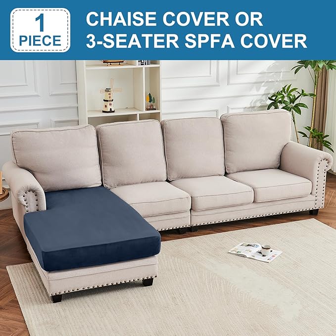 Couch Cover Velvet Chaise Cushion Cover for Sectional Sofas - Elastic L-Shaped Sofa Seat Covers Washable, Slipcover Protector (1-Piece, Berlin Blue)