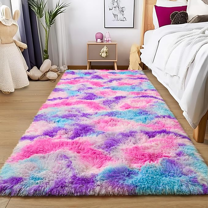 Tepook Soft Rainbow Rug for Girls Room, Cute Fluffy Girls Bedroom Rugs, 2x6 Feet Shaggy Princess Rug Colorful Carpet for Kids Teens Toddler Playroom Nursery Reading Nook, Hot Pink