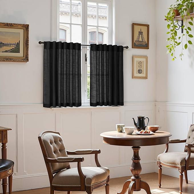 Nanspring Short Linen Kitchen Curtains 36 Inch Length,Over Sink Black Privacy Semi Sheer Curtains Back Tab and Rod Pocket Drapes for Basement Bathroom Window 42 x 36 Inch,2 Panels