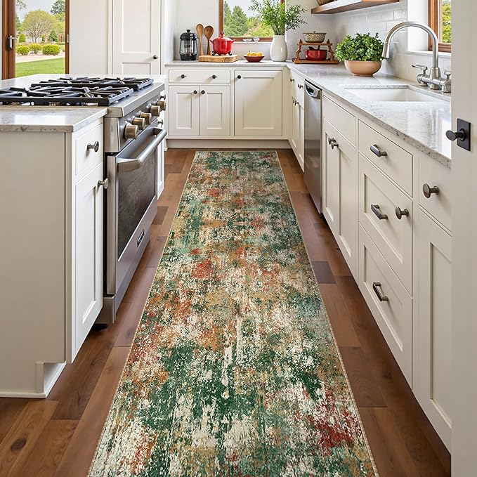 Washable Area Rugs 2'x10' Non-Slip Modern Abstract Soft for Living Room Entryway Bedroom Nursery, Print Pattern, Green Orange Rust Red Cream Colorful