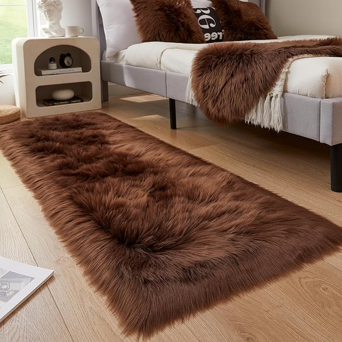 EasyJoy Ultra Soft Fluffy Rugs Faux Fur Rug Chair Cover Seat Pad Fuzzy Area Rug (2x6 ft Rectangle, Coffee)
