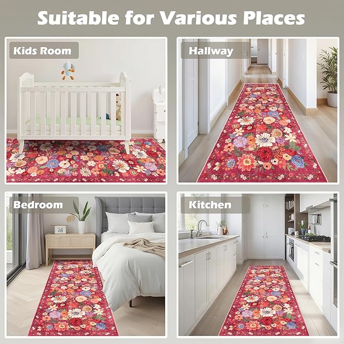 Rug for Hallways Kitchen Rug 2x8, Non Slip Washable Rugs with Rubber Backing Soft Floral Carpet Runner for Hallways, Kitchen, Laundry, Bedroom, Bathroom(2 x 8, Red Garden)
