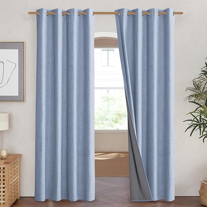 NICETOWN Stone Blue Vintage Linen 100% Blackout Curtains for Living Room, Thermal Insulated Curtains 84“ Long, Noise Reducing Window Treatment Drapes for Hall Room, 52" Wide Per Panel, Set of 2