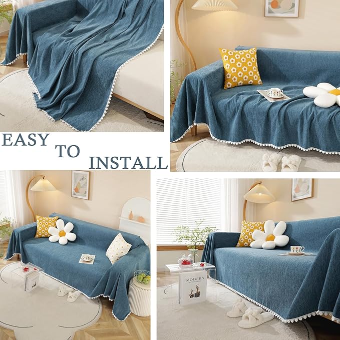 HANDONTIME Navy Blue Sectional Couch Covers, 3 Cushion Couch Chenille Cover with Lace Pattern for Dogs Kids, Fitted, Easy, 71" x 134"