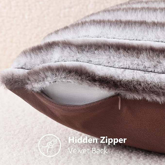 decorUhome Cozy Faux Fur Throw Pillow Covers 18x18 Set of 2 Decorative Soft Plush Striped Modern Farmhouse Boho Couch Pillow Cases with Velvet Back for Sofa Bed Living Room, Brown White