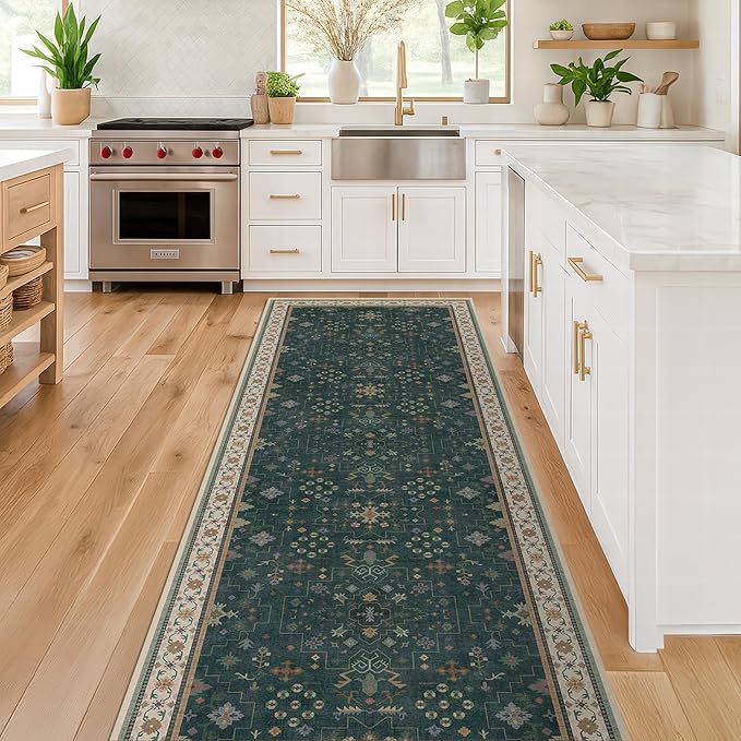 Hazo Haus Vintage 2x7 Washable Runner Rug Non Slip for Kitchen, Bathroom, Hallway - Low Pile Stain Resistant 7ft Long Runner Rugs - Victorian Eclectic Floral Pastel Home Decor (2x7 Dark Green)