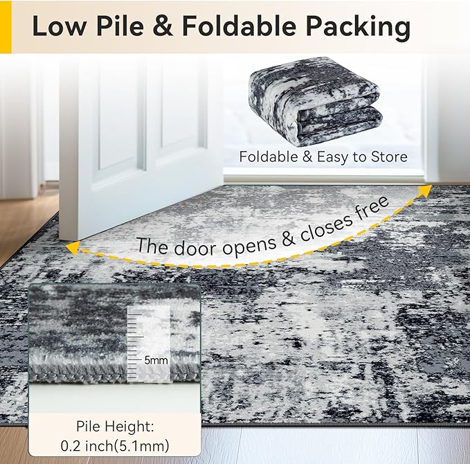 Washable Area Rugs 2'x3' Non-Slip Modern Abstract Soft for Living Room Entryway Bedroom Nursery, Print Pattern, Black Navy Blue Gray