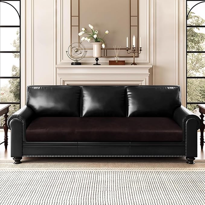 Leather Look Couch Cushion Covers Sofa Seat Slipcovers Sets Couches Furniture Protector for Sectional Armchair Loveseat Pets Kids Stretch Spandex Fabric (1 Cushion Sofa, Chocolate)