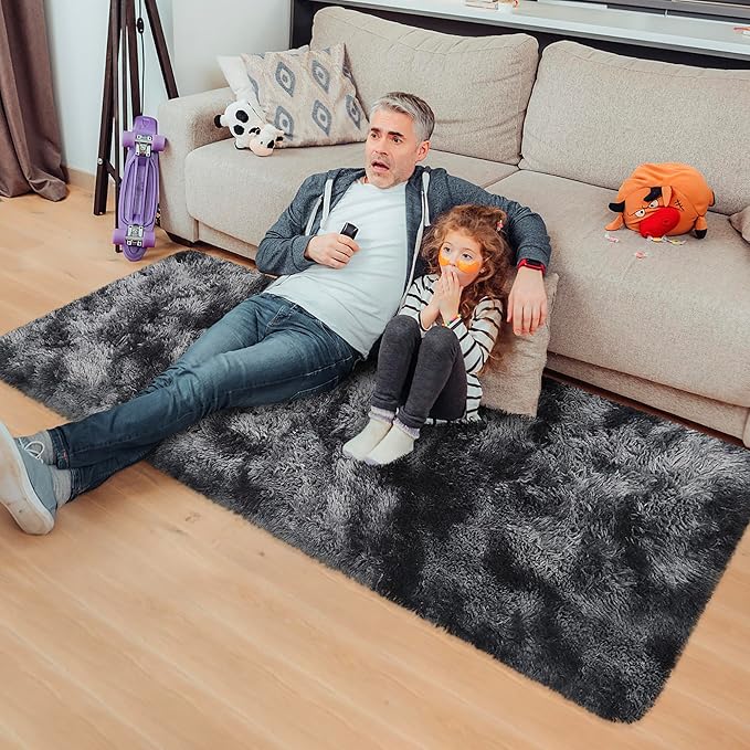 Tie-Dyed Runner Rug for Bedroom Black Grey 2x5ft Fluffy Area Rug Bedside Runner Rug for Kids Room Boys Teens Nursery Baby Living Room Dorm Home Decor Carpets