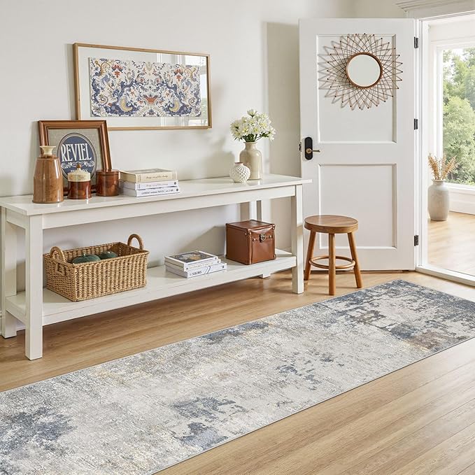 2X8 Washable Runner Rug for Hallway: Soft Neutral Modern Abstract Area Rug - Non-Slip Low Pile Long Throw Indoor Carpet for Kitchen Entryway Kitchen Bedroom Laundry - Blue Grey