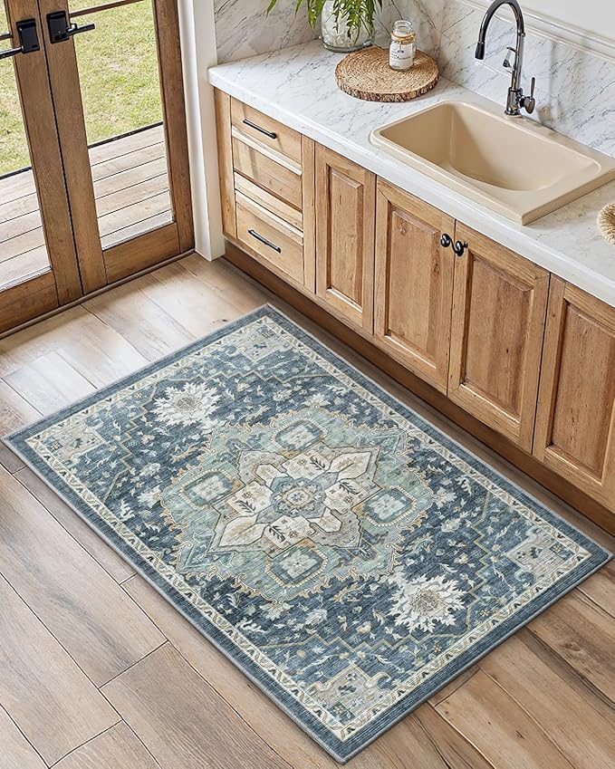 AMADA HOMEFURNISHING 2x3 Washable Area Rug, Low-Profile Entryway Rug with Non-Slip Backing & Durable Edge Binding, Vintage Rug Pattern, Small Rugs for Entryway, Kitchen & Living Room