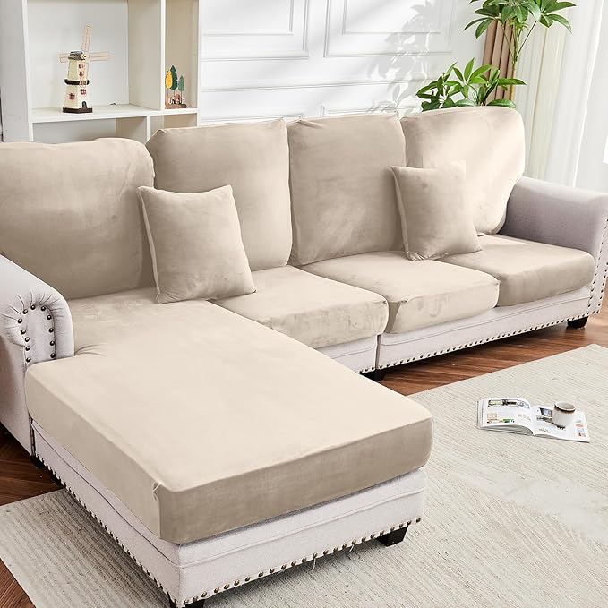Couch Cover 8-Piece Elastic Velvet Couch Cushion Covers & Chaise Slipcovers for L-Shaped Sofas - Sofa Seat Covers Washable, Soft Protector for Couches (7 Seater + Chaise, Cream)