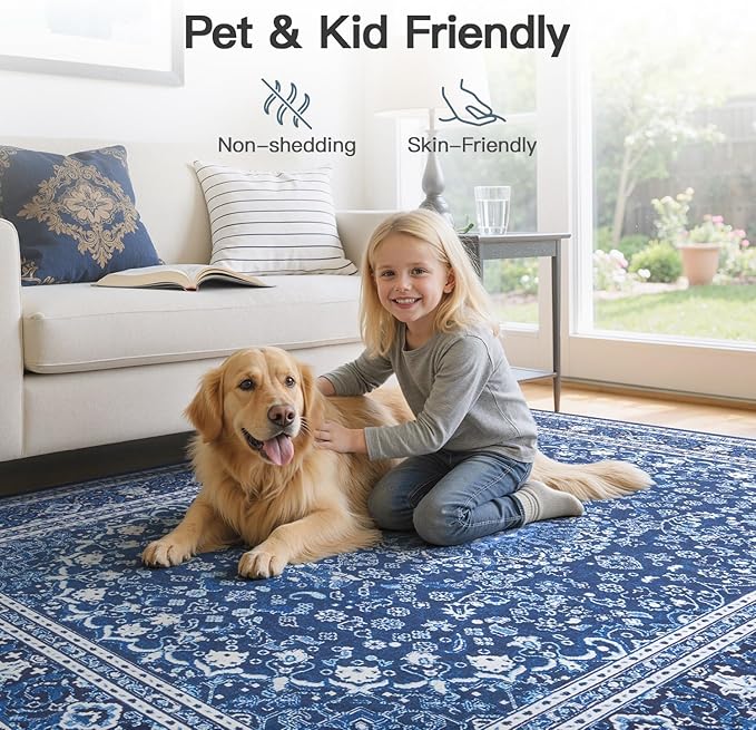 Lofus 6x9 Area Rugs for Living Room, Machine Washable Non-Slip Area Rug, Low Pile Large Rugs for Bedroom, Kitchen, Dining Room, Home Office, Vintage Oriental Print Rug, Dark Blue with White