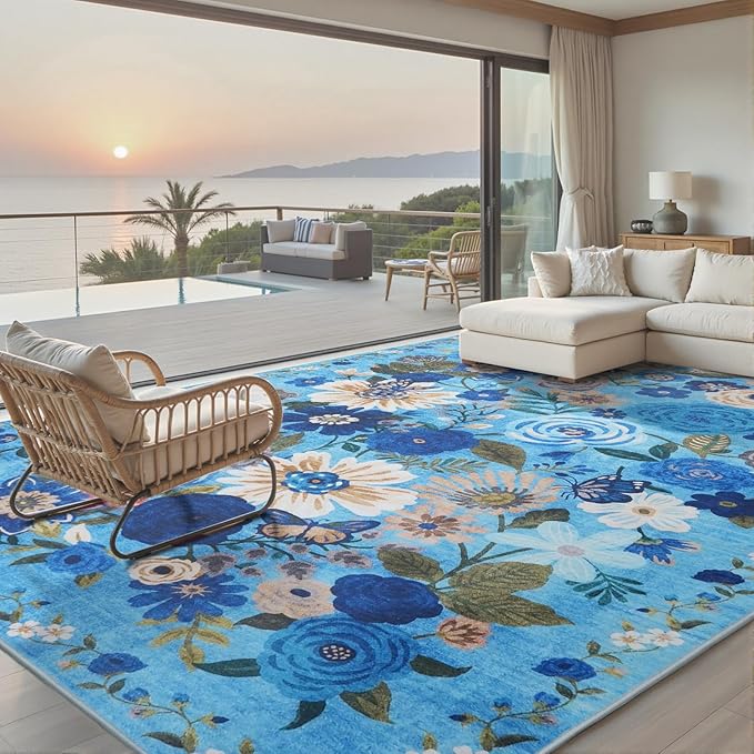 Area Rugs 10x14 Living Room, Non Slip Machine Washable Floral Rugs, Low Pile Lightweight Large Rug for Bedroom, Dining Room, Home Office(10 x 14, Blue Garden)