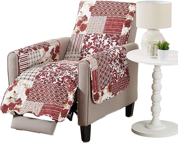 Great Bay Home Reversible Patchwork Recliner Cover - Washable Slipcover Furniture Protector with Elastic Straps - Perfect for Kids & Pets - Box-Stitched Detail (Burgundy)