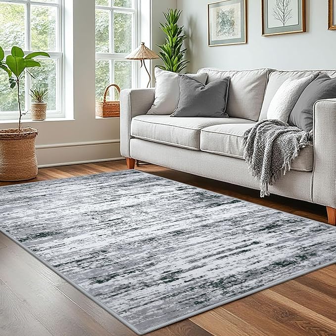 Lansny Modern Abstract 4x6 Living Room Washable Rug Non-Slip Soft Bedroom Area Rug Black Grey White Thin Print Faux Wool Floor Carpet Throw Rugs for Nursery Playroom Dining Room Indoor Home Decor