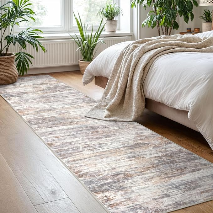 KOZYFLY Modern Abstract Hallway Runner Rug, 2x8 Kitchen Rugs Non-Slip Washable Soft Striped Kitchen Runner Rugs, Print Multi Grey/Orange Carpet Runner for Entryway Bathroom