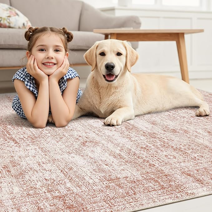 Washable Area Rug 8x10, Large Soft Rugs for Living Room Vintage Area Rugs for Bedroom Dining Room Non-Slip Stain Resistant Pink Under Table Rug