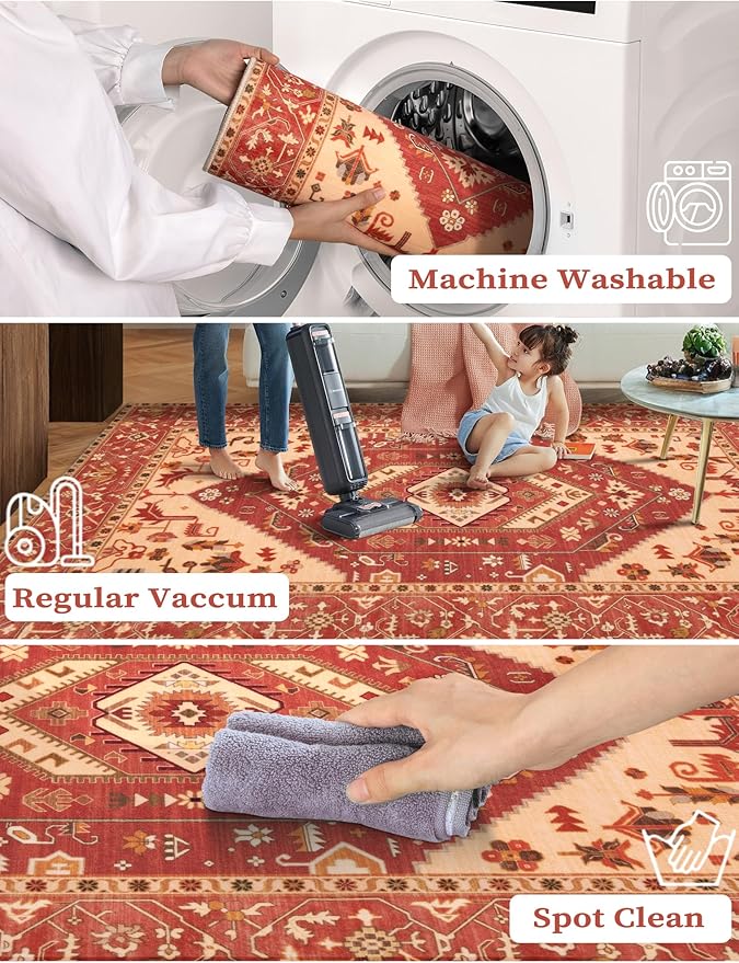 SERISSA Runner Rug for Hallways, 2'6"x14' Washable Non Slip Kitchen Runner Rug, Extra Long Boho Rug Ultra Soft Vintage Red Print Floor Carpet for Bedroom Hallway Entryway Bathroom Laundry Room
