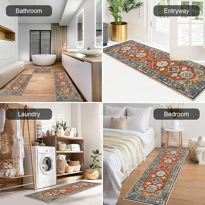 HEBE Boho Kitchen Rug Sets 3 Piece with Runner Non Slip Kitchen Rugs and Mats Washable Kitchen Mats for Floor Thick Kitchen Floor Mat Carpet Runner Rugs for Hallway Laundry Holiday Decor