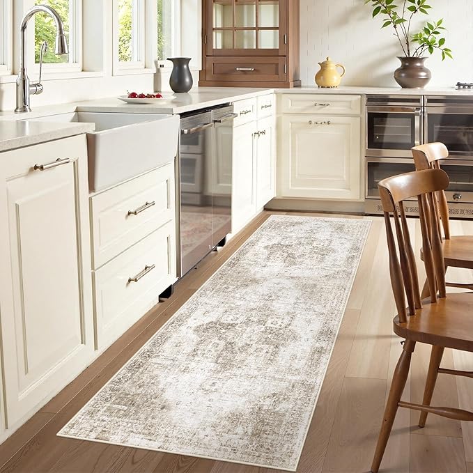 Runner Rug 2x6 Washable Rug, Vintage Boho Medallion Hallway Runner Non-Slip Soft Low Pile Distressed Floor Carpet Retro Doormat for Kitchen Bedroom Laundry Entryway Bathroom (Taupe, 2'x6')