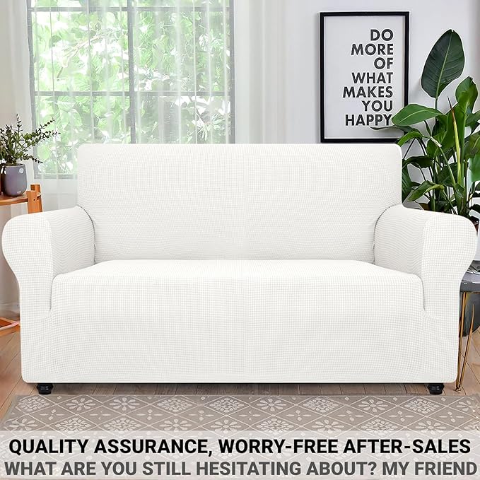 ZNSAYOTX Super Stretch Couch Cover Love Seat Sofa Covers for Living Room Dogs Pet Friendly Furniture Protector Spandex Loveseat Slipcovers with Anti Slip Foam Sticks (White, Loveseat)