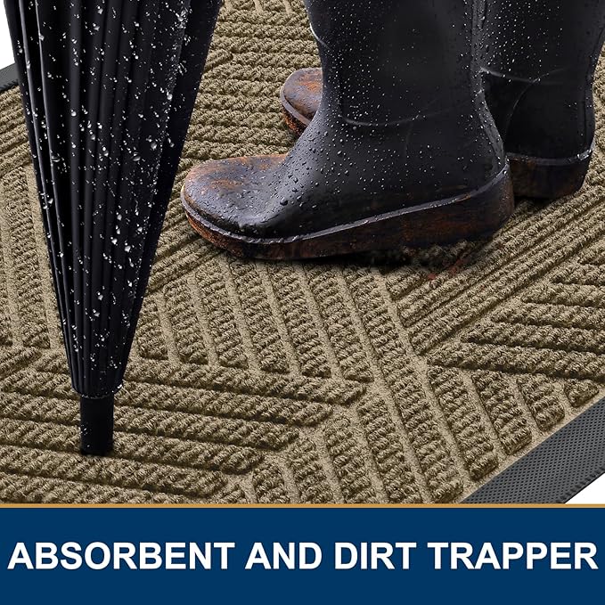 Smiry Front Door Mat Outside Entrance, Heavy Duty Sturdy Natural Rubber Doormat, Trap Dirt and Moisture, Easy Clean Low Profile Mats for Indoor Outdoor Entry, Irregular Triangle (47x32, Camel)