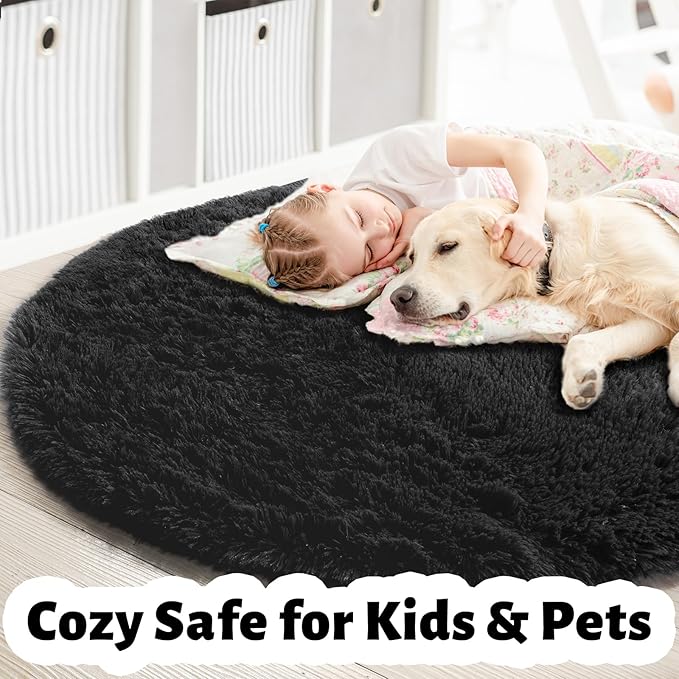 Black Round Rugs 5Ft for Bedroom Aesthetic, Fluffy Plush Circle Area Rugs for Living Room, Fuzzy Modern Cool Throw Carpet for Baby Kids Teen Boys Mens, Office Playroom Nursery Apartment Home Decor