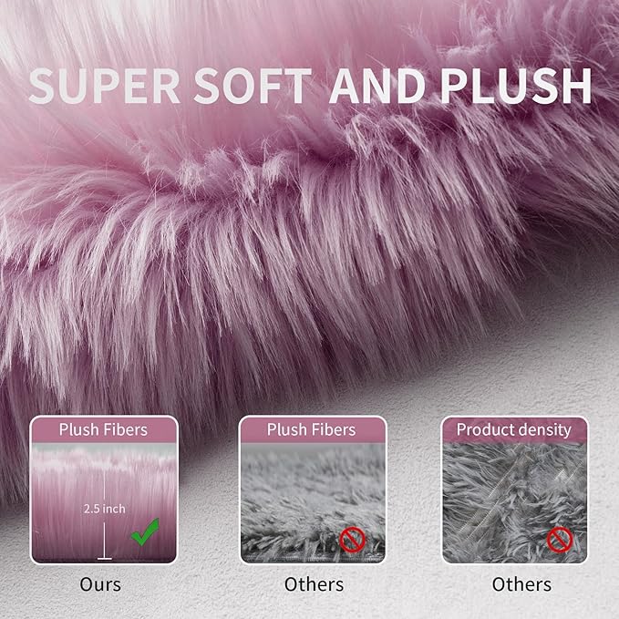 Faux Fur Rug for Bedroom, Fluffy Runner Rugs Soft Sheepskin Rug Sofa Couch Seat Cushion, 2x6ft Light Purple Plush Area Rug Shag Rugs Floor Carpets for Nursery Bedside, Shaggy Fuzzy Home Decor
