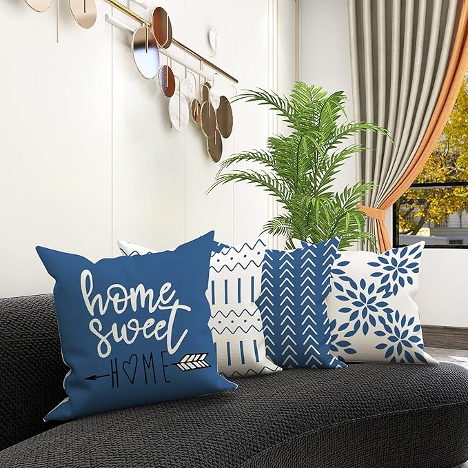 YCOLL Pillow Covers 16x16 Set of 4, Modern Sofa Throw Pillow Cover, Decorative Outdoor Linen Fabric Pillow Case for Couch Bed Car，Light Blue