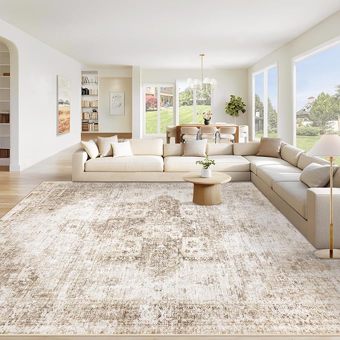 Area Rug 9x12 Washable Rug, Vintage Boho Medallion Rugs Non-Slip Soft Low Pile Large Distressed Rug Indoor Retro Carpet for Living Room Bedroom Dining Room Home Office (Brown, 9'x12')