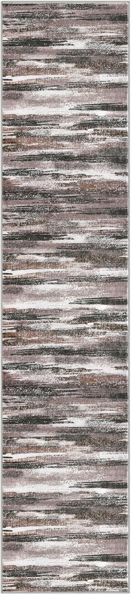 Lansny Modern Abstract Runner Rug 2.6x12, Dark Light Brown White Washable Long Kitchen Runner Non-Slip Soft Hallway Rug Runner Thin Print Faux Wool Carpet for Entryway Bedroom Laundry Room Indoor